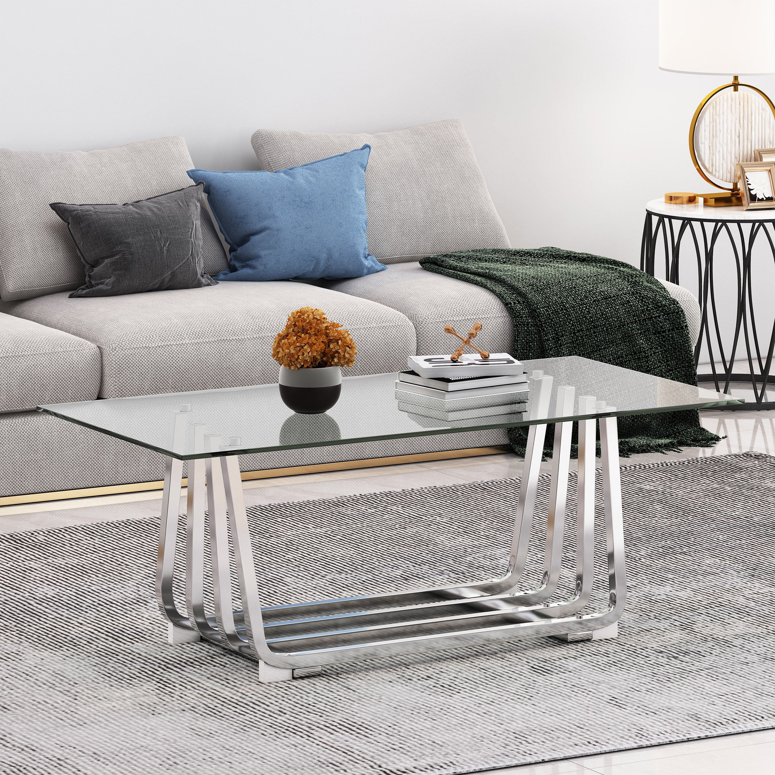 Coalton Modern Glass Top Coffee Table, Chrome