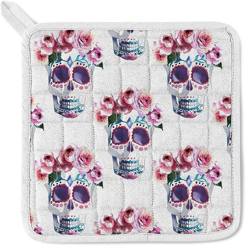 Insulation Kitchen Oven Mitts Potholder Apron 3pcs Set Floral Skull With Roses Wreath Non Slip Heat Resistant Gloves For Baking Cooking Bbq