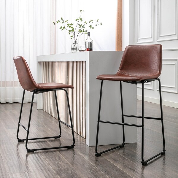 Porthos Home Enva Counter and Bar Stools Set of 2， PU Leather， Iron Sled Legs