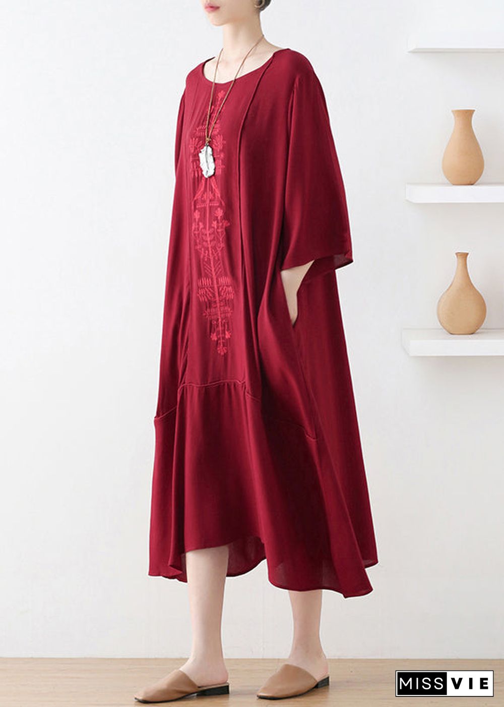 Natural Red O-Neck Print Draping Long Dress Fall