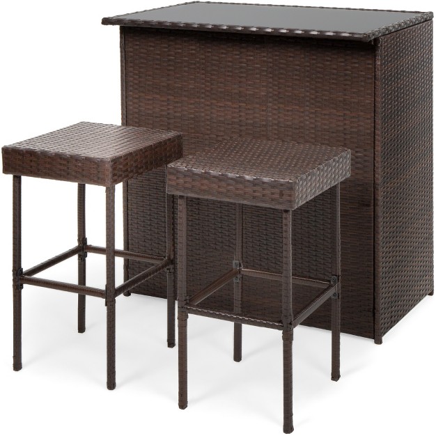 Best Choice Products 3 piece All weather Wicker Bar Table Set For Patio Backyard W 2 Stools Glass Tabletop Brown