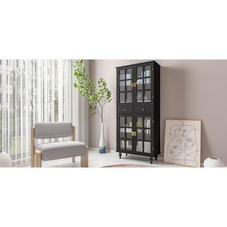 FUFUGAGA 72.4 in. H x 31.5 in W Black Paint Wood 4-Glass Doors Bookcase Bookshelf with Adjustable Shelves and 2-Drawers KF330031-02