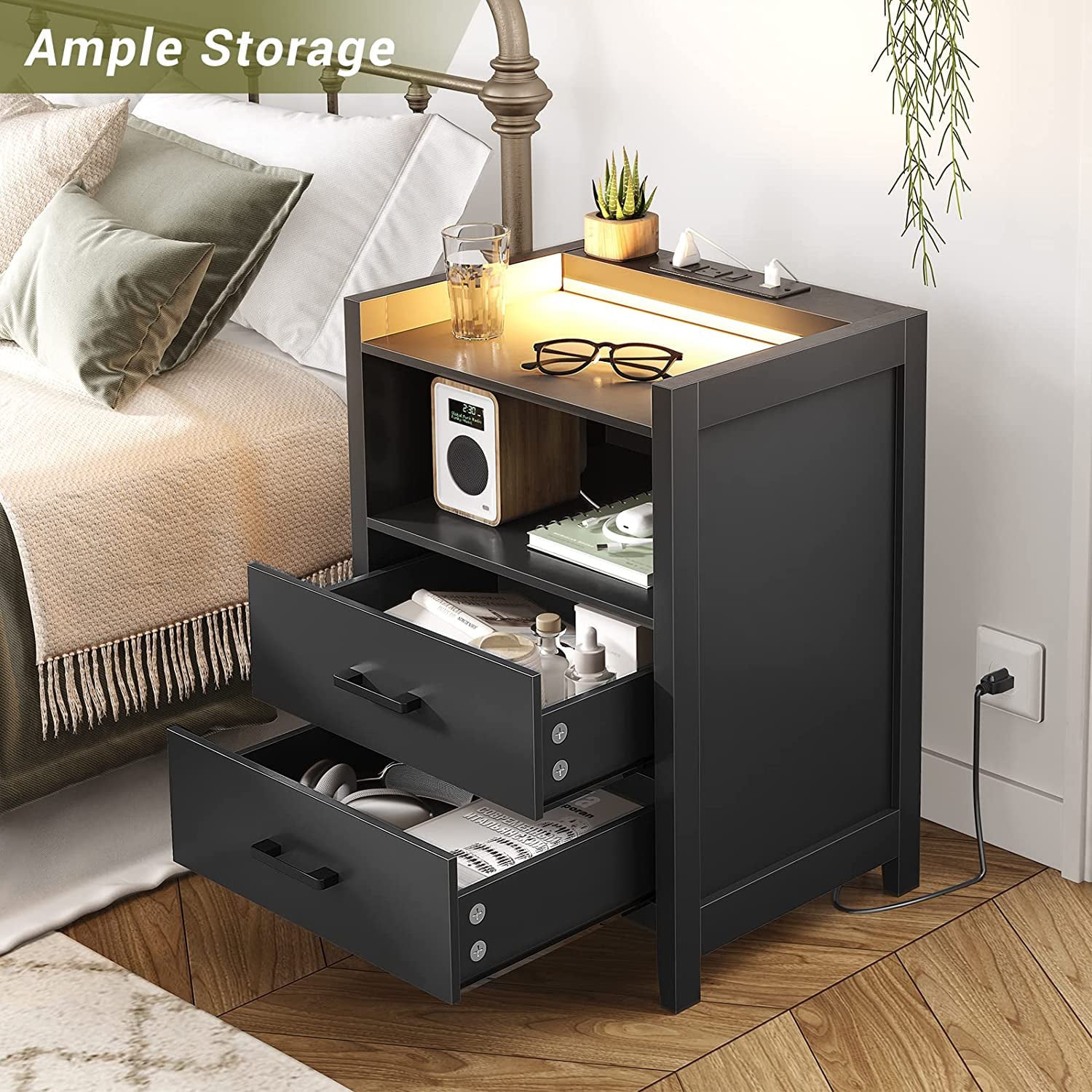 Black Nightstands for Bedroom with LED Light and Charging Station, 2 Drawers Bedside Table