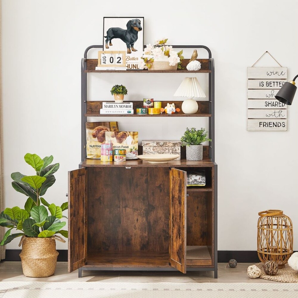 Brown Side Cabinet Bar Table with 2 Layers Shelf Kitchen Living Room