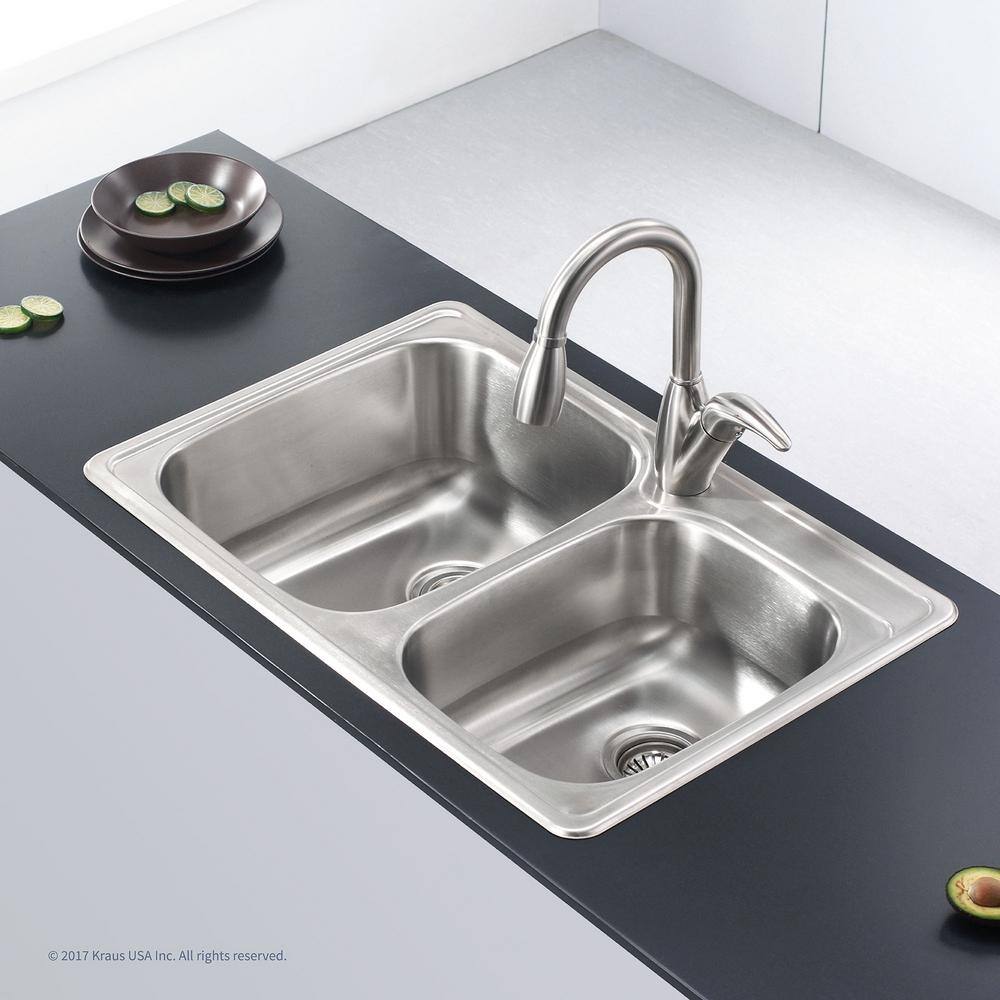 KRAUS Drop-In Stainless Steel 33 in. 1-Hole 6040 Double Bowl Kitchen Sink Kit KTM32