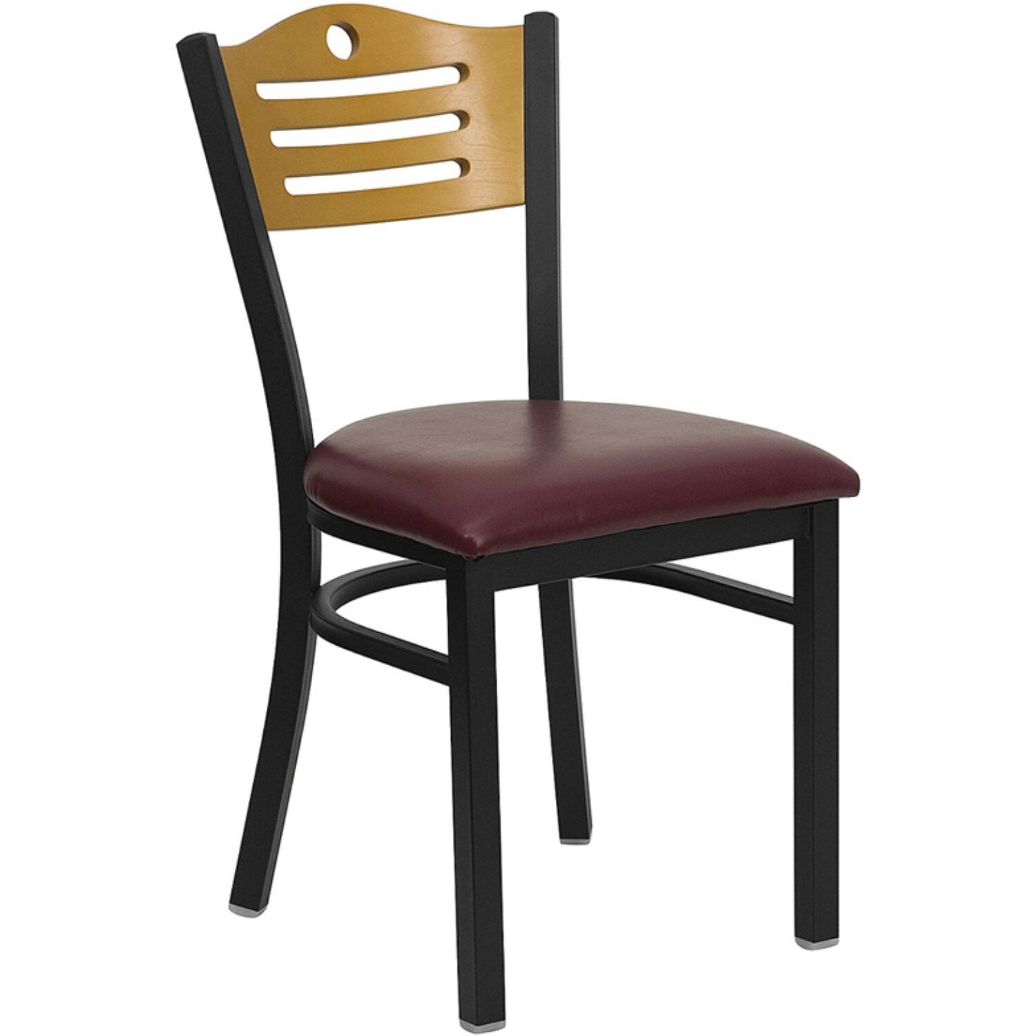 Offex Black Slat Back Metal Restaurant Chair with Natural Wood Back， Burgundy Vinyl Seat - Not Available