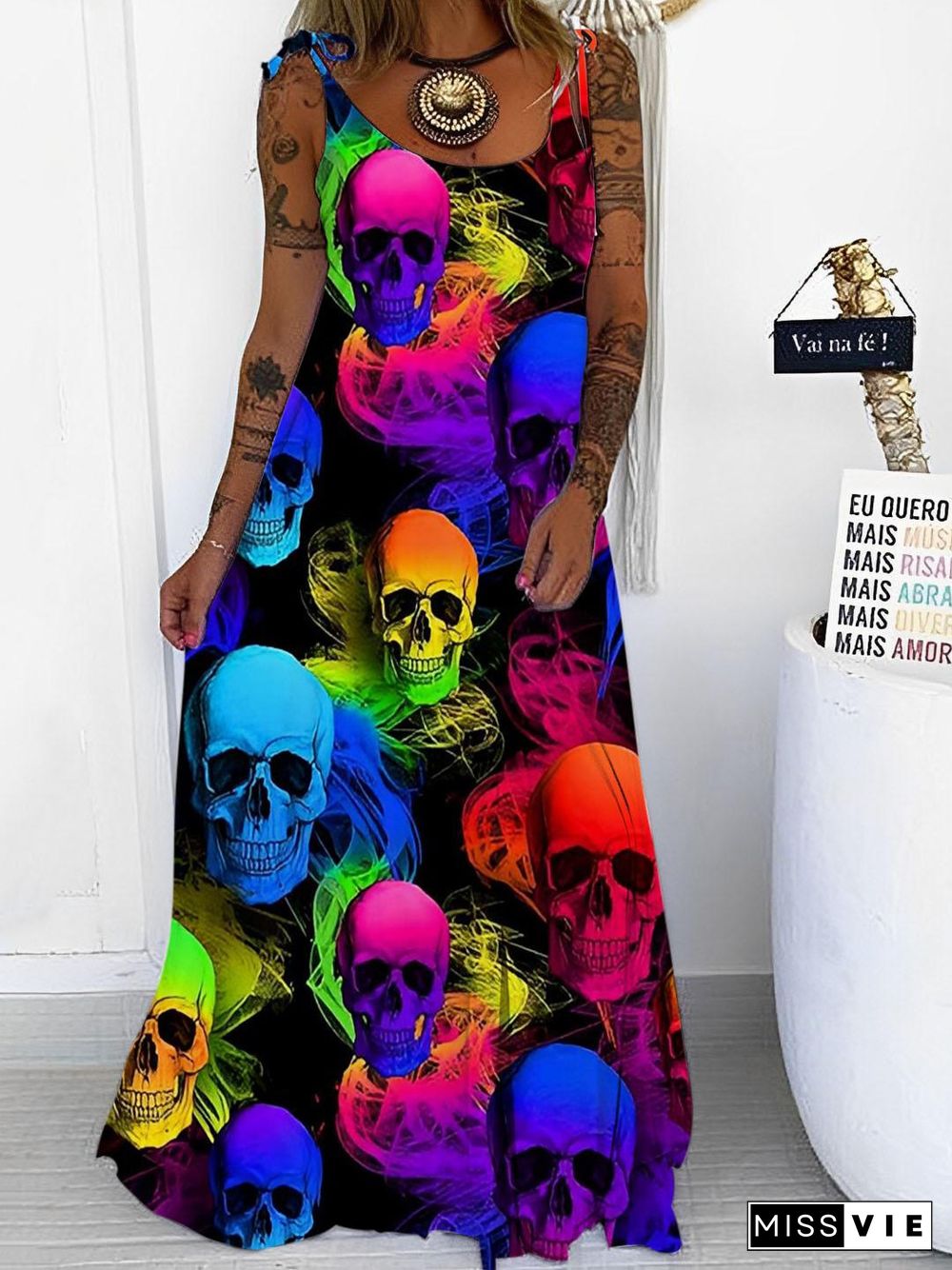 Colorful Skull Print Strap Maxi Dress