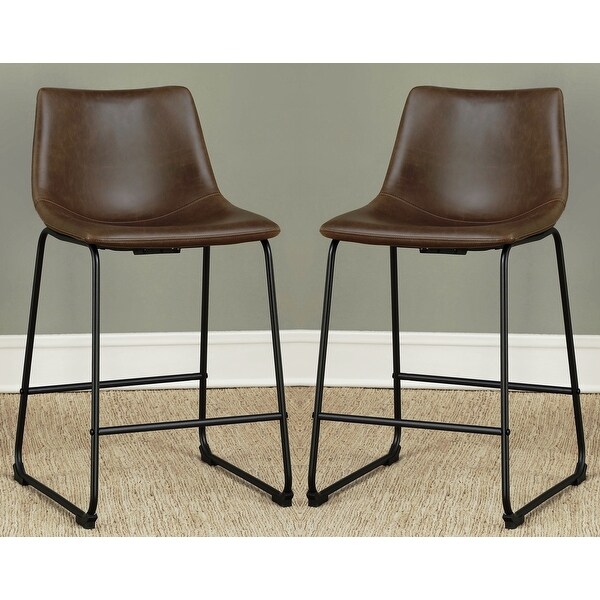 Vintage Black Matal Sled Frame with Brown Leatherette Seat Counter Height Dining Stools (Set of 2)