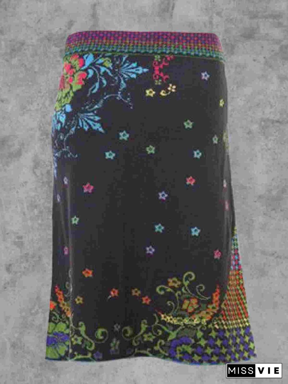 Multicolor Cotton-Blend Casual Floral-Print Skirt