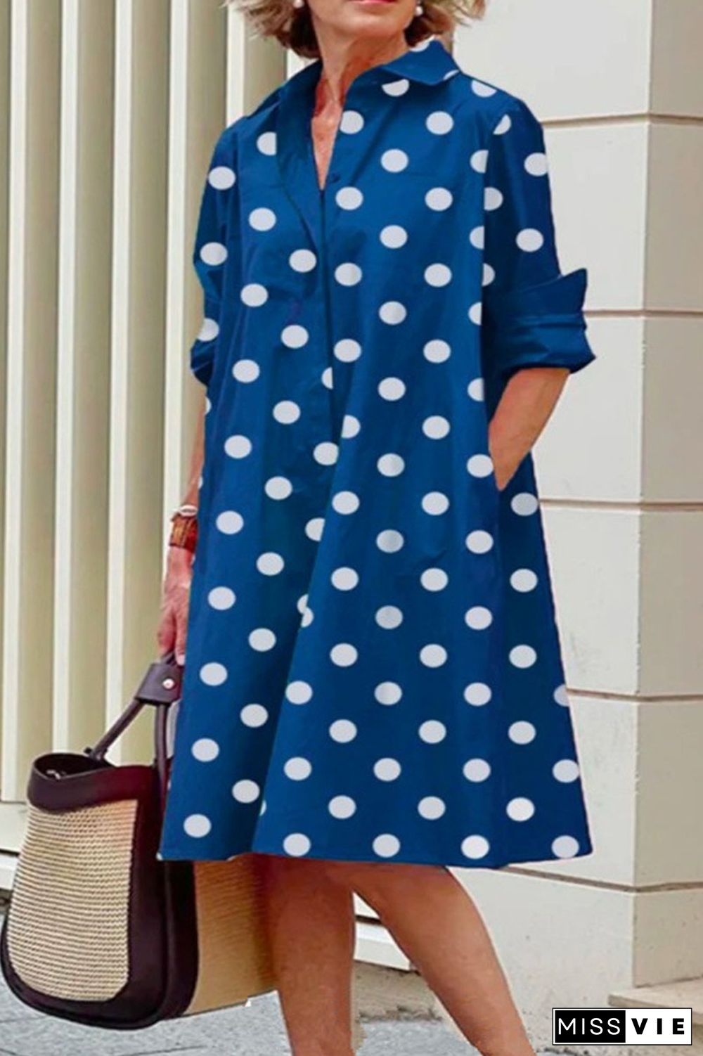 Deep Blue Casual Print Polka Dot Patchwork Buckle Turndown Collar Shirt Dress Dresses