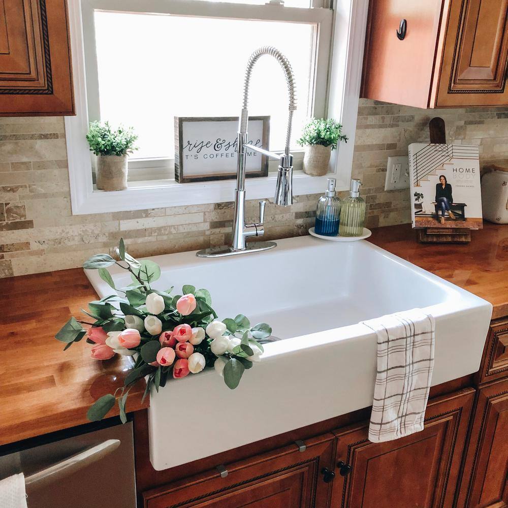 SINKOLOGY Josephine All-in-One Quick-Fit Farmhouse Fireclay 33.85 in. 3-Hole Single Bowl Kitchen Sink with Pfister Zuri Faucet SK450-34FC-MCCB