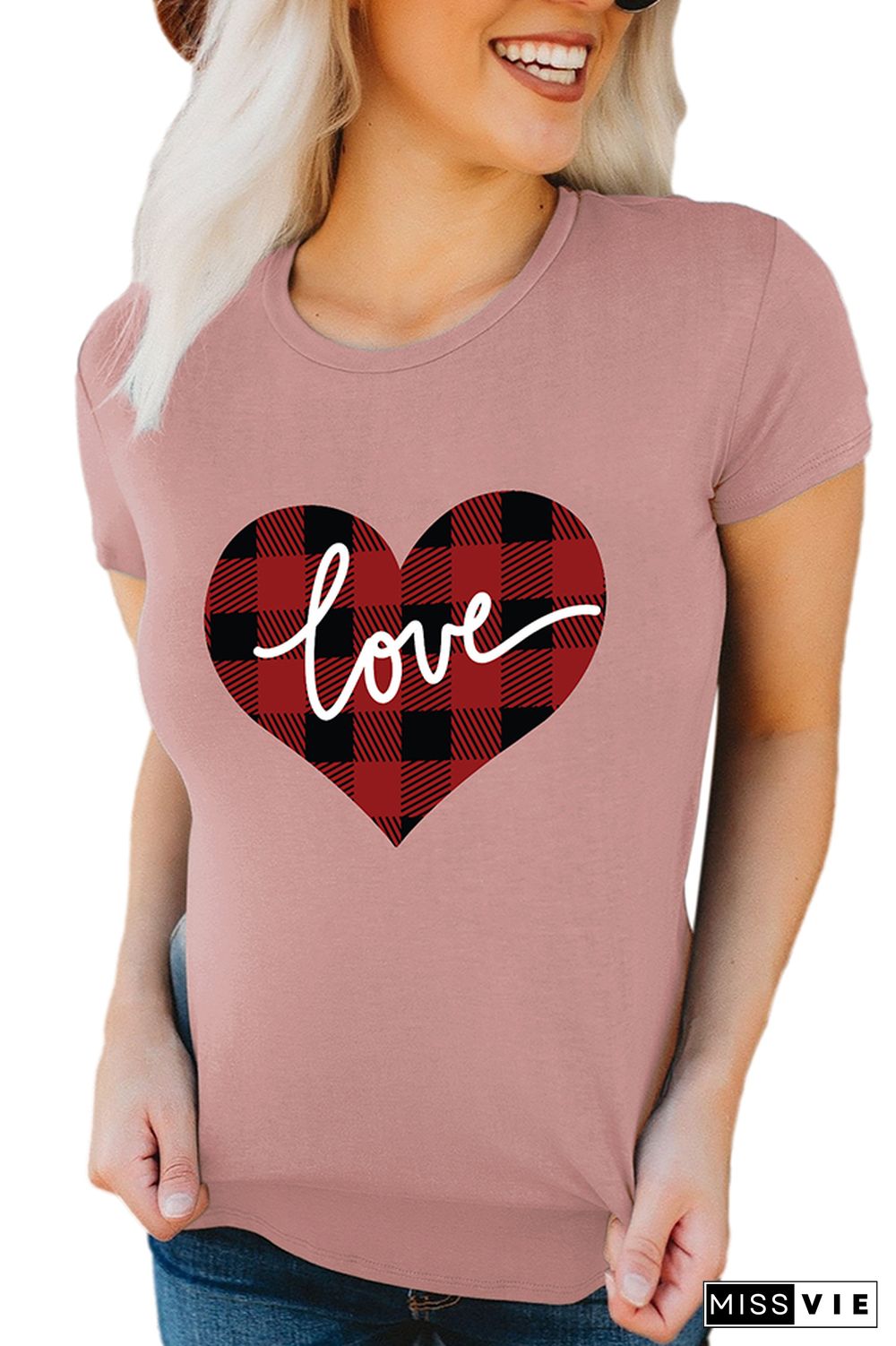 VALENTINE'S DAY Plaid Heart Graphic Tee Short Sleeve T shirts Top Wholesale