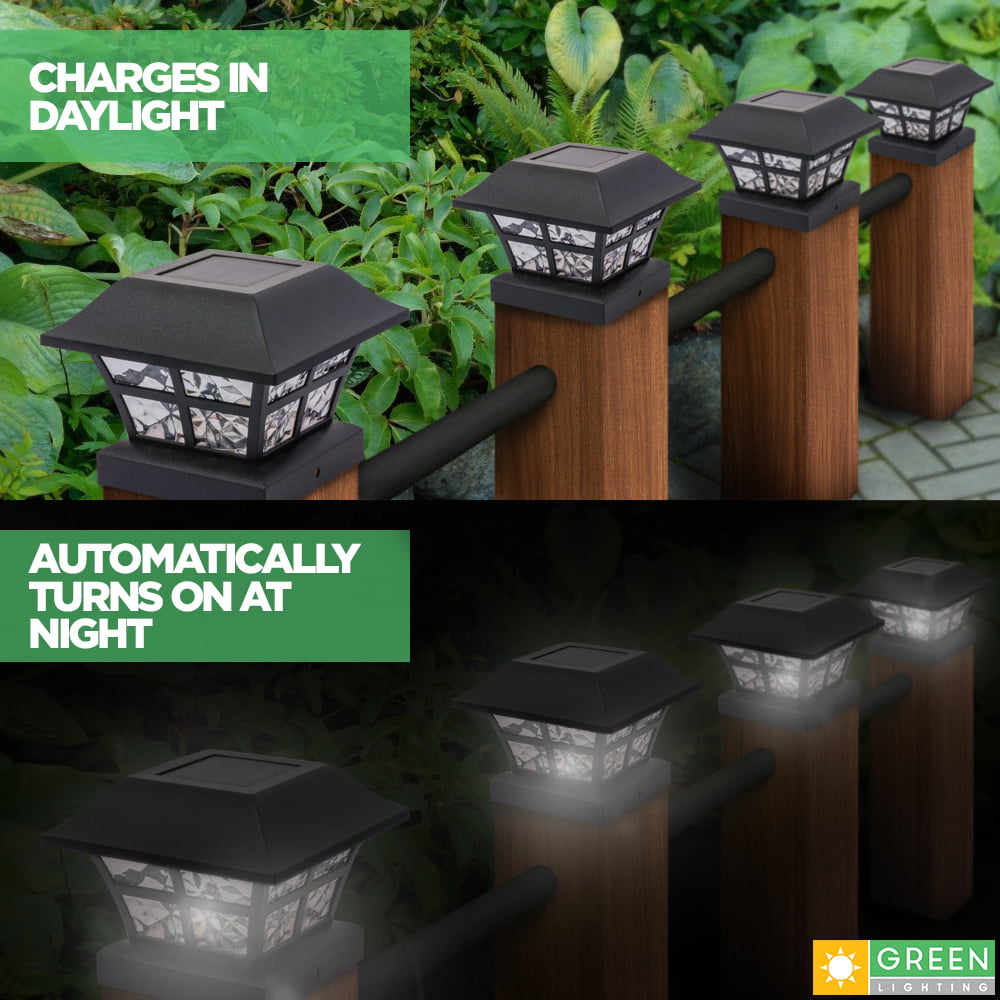 GreenLighting Evolve Black Solar Post Cap Lights - 4x4 Post Caps and Outdoor Post Lights - Waterproof Solar Lights for Fence Posts - Solar Post Lights fit 4x4 5x5 Vinyl/PVC (Black， 8 Pack)