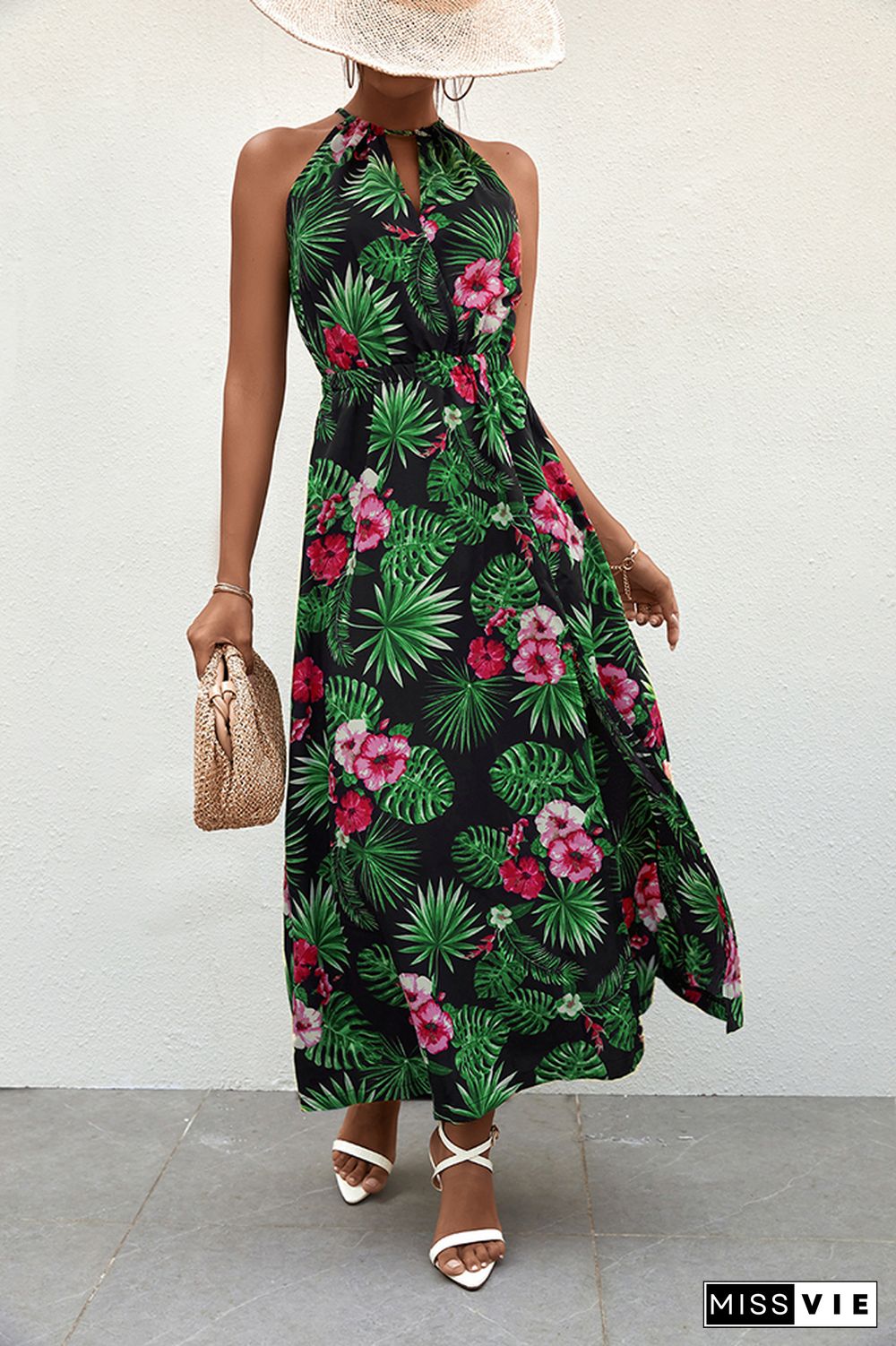 Floral Print Halter High Waist Dress Wholesale