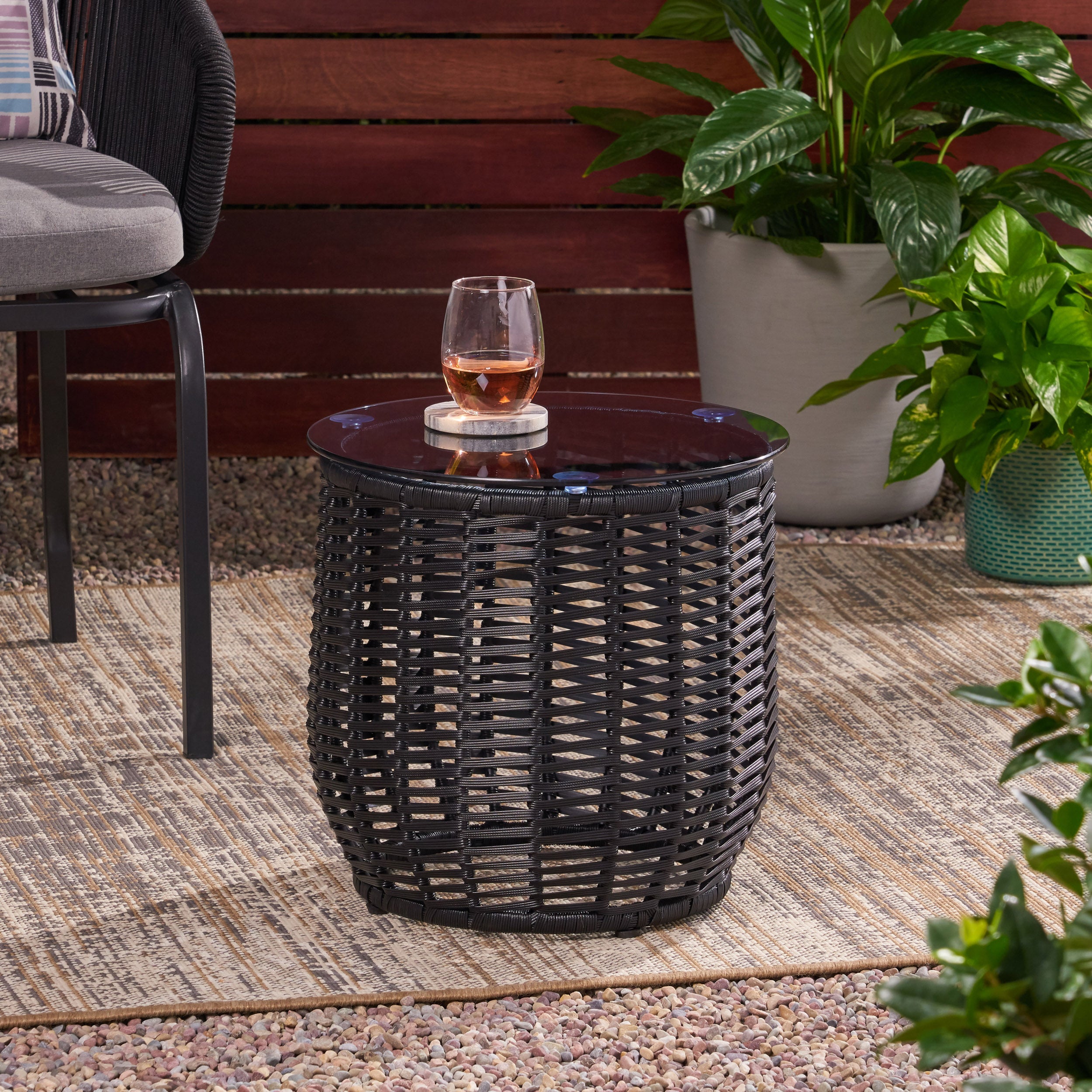 Ola Wicker Side Table with Tempered Glass Top