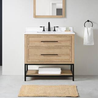 Home Decorators Collection Corley 36 in. W x 19 in. D x 34.50 in. H Freestanding Vanity in Weathered Tan with White Engineered Stone Top Corley 36WT