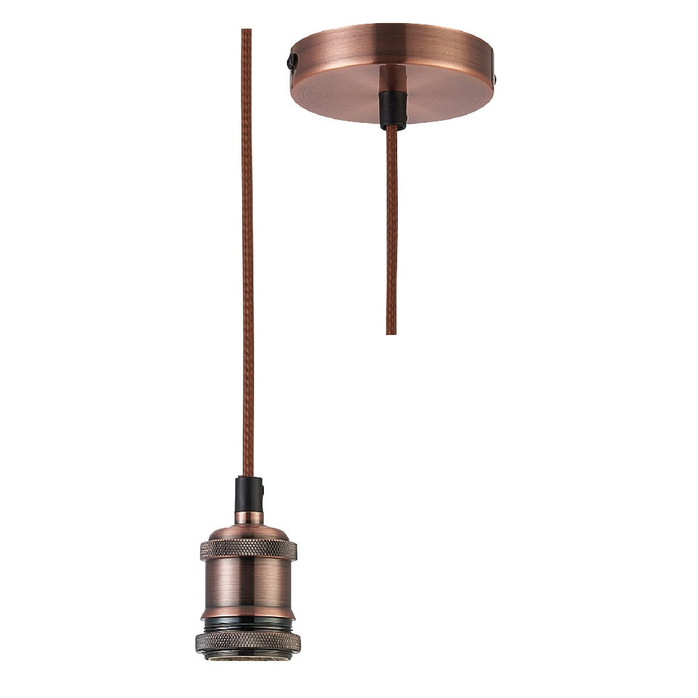 Britalia PMS5 Antique Copper Vintage Fabric Round Cable Flex Suspension Ceiling Rose Pendant