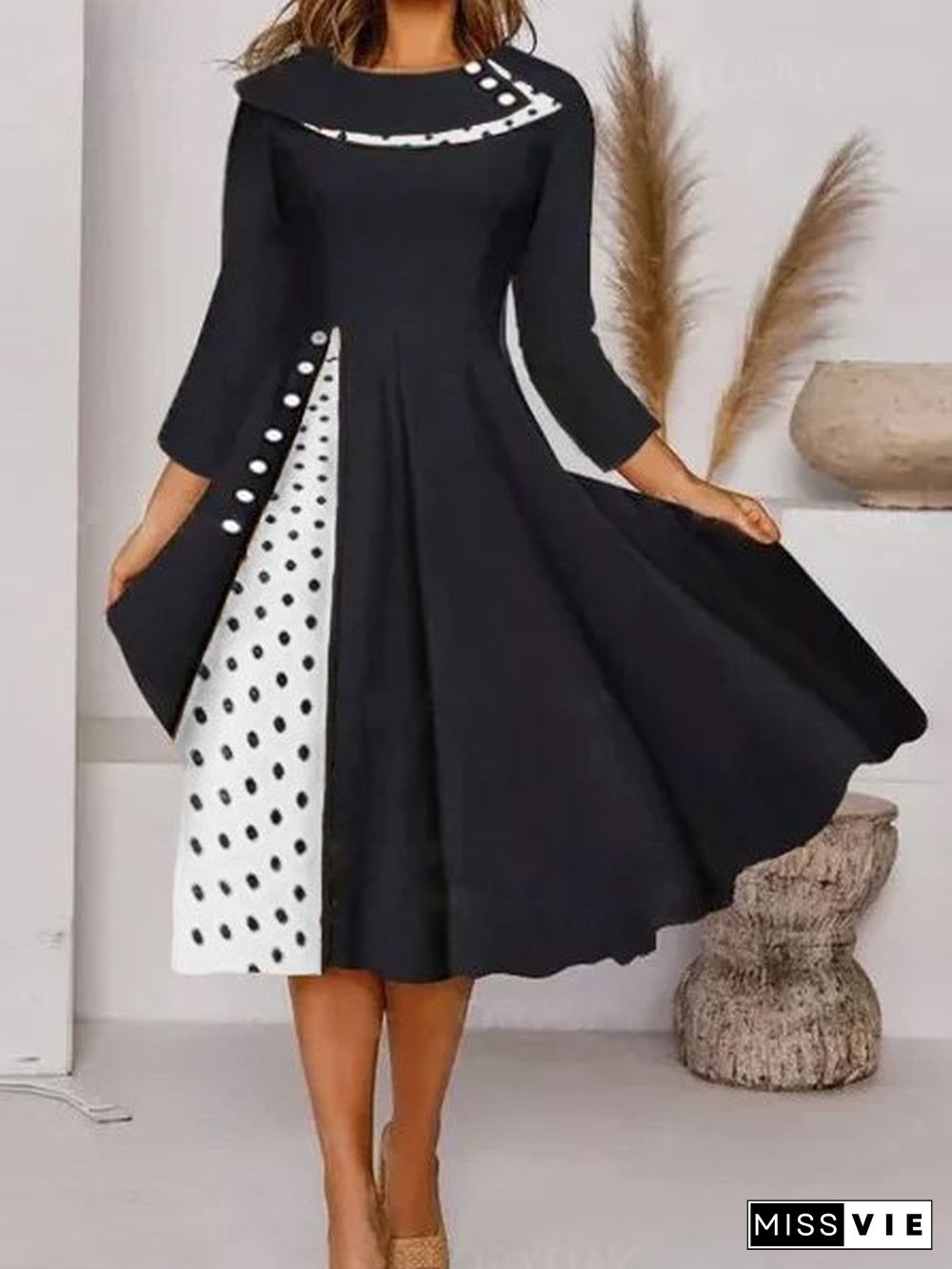 A-Line Casual 3/4 Sleeve Bateau/Boat Neck Knitting Dress