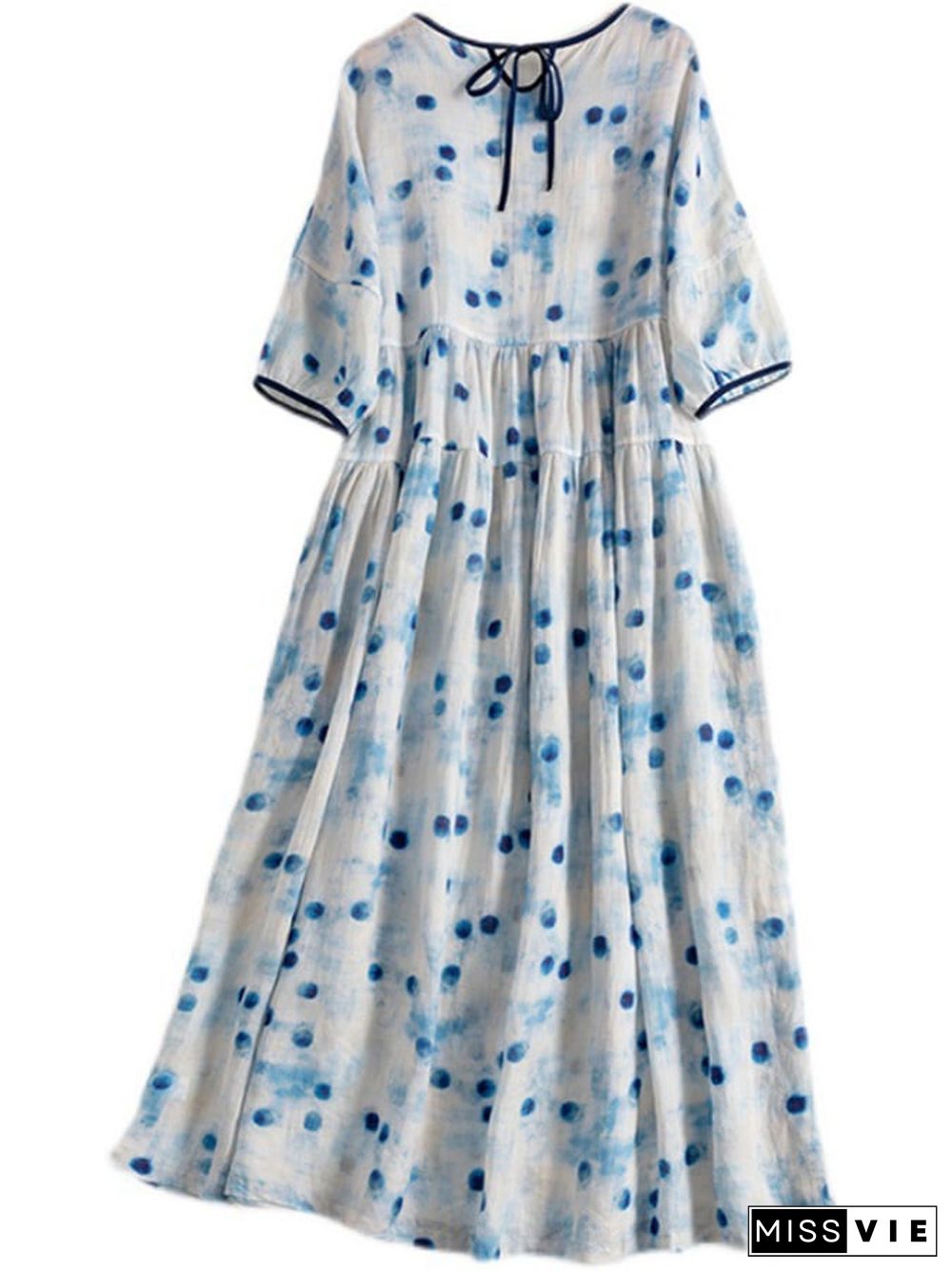 Cotton Linen Blue Polka Dot Printed Loose Dress