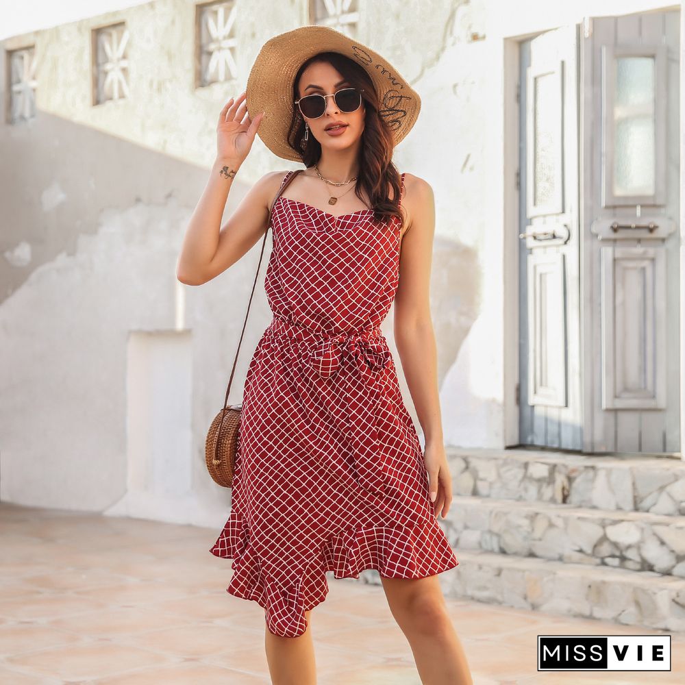 Elegant Women Summer Dresses Ruffled Irregular Hem Plaid Sling Dress New Casual Spaghetti Strap Lace-up Backless Midi Dress