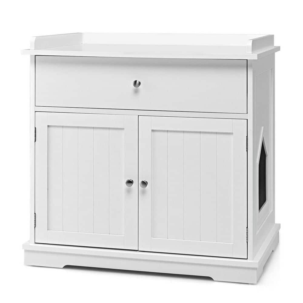 ANGELES HOME 30 in. W x 29 in. H Wood Cat Litter Box Enclosure with Drawer Side Table Furniture in White 8CK-10009PVWH