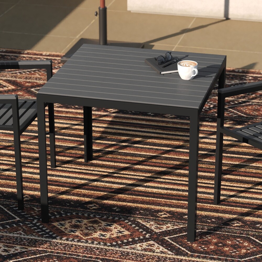 Indoor/Outdoor Steel Patio Table with Faux Wood Slatted Top