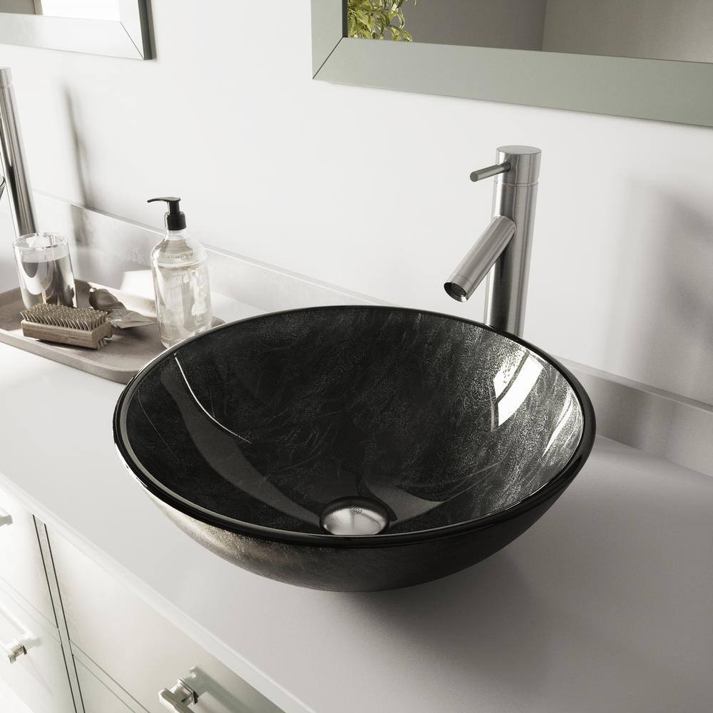 VIGO Gray Onyx Glass Round Vessel Bathroom Sink with Dior Faucet and Pop-Up Drain in Brushed Nickel VGT570