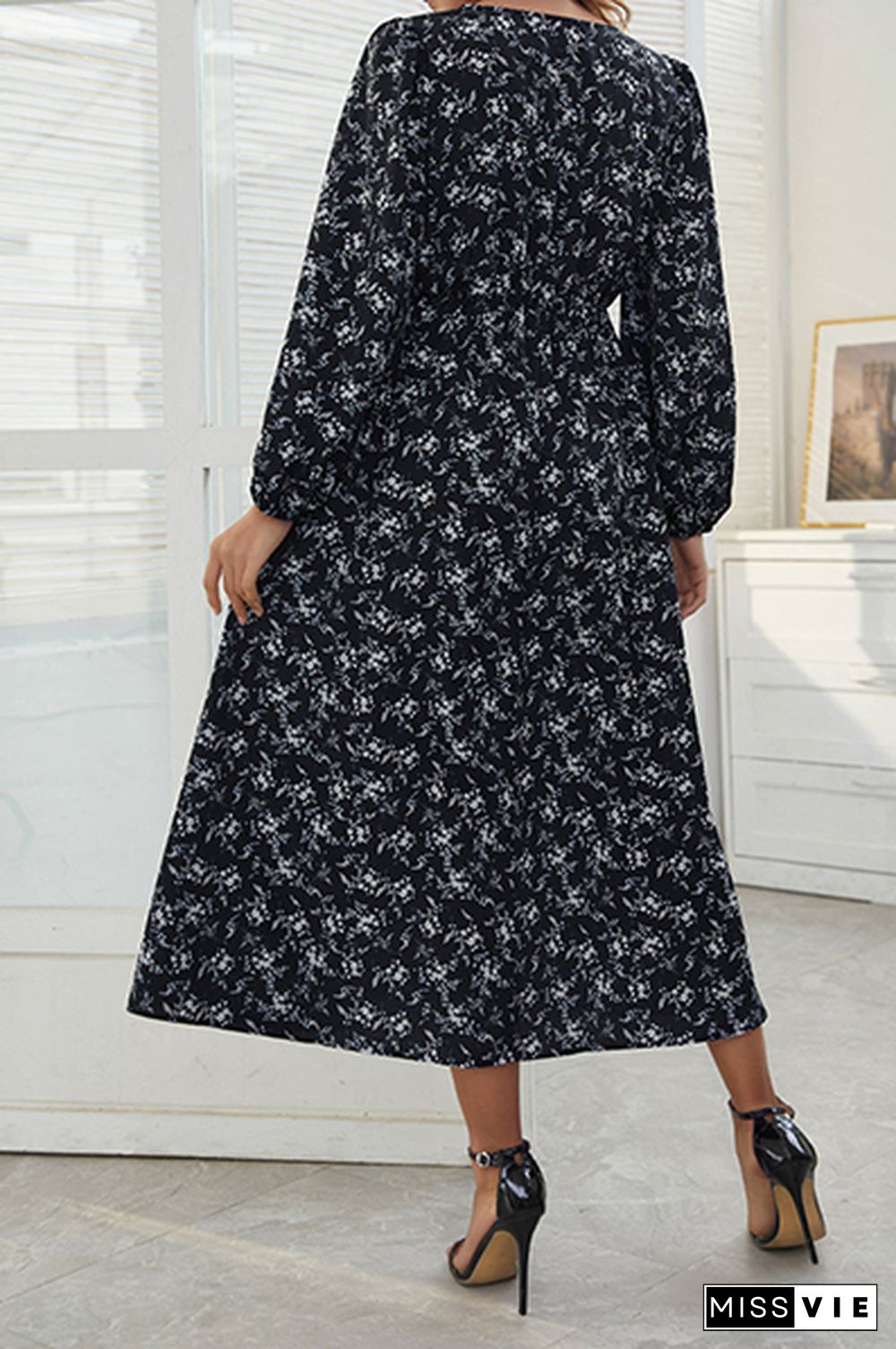 Elegant Floral Split Joint Fold V Neck A Line Dresses