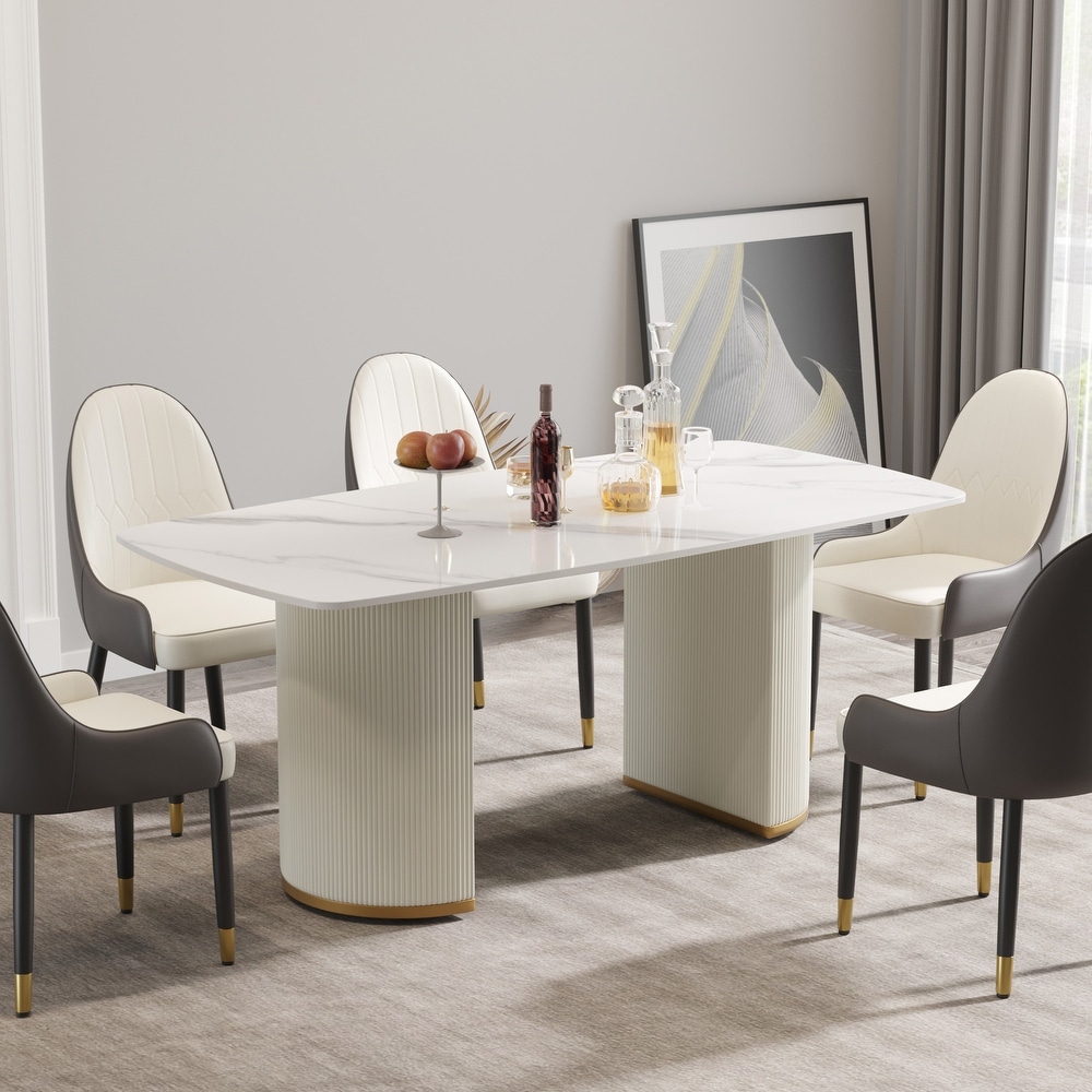 71 '' Modern Dining Table for 8  Rectangular Curved Marbel Tabletop + Beige Double Pedestal   N/A