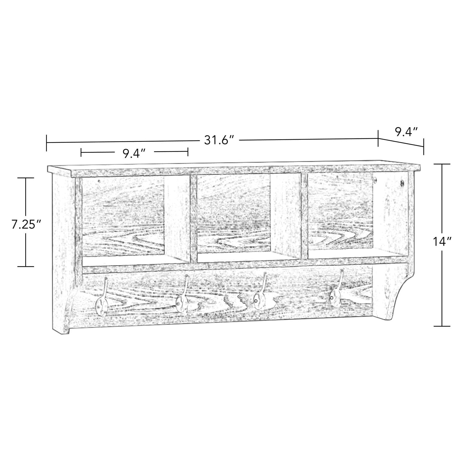 RiverRidge Home Woodbury Collection Wall Shelf with 3 Cubbies and 4 Double Hooks in Dark Weathered Woodgrain