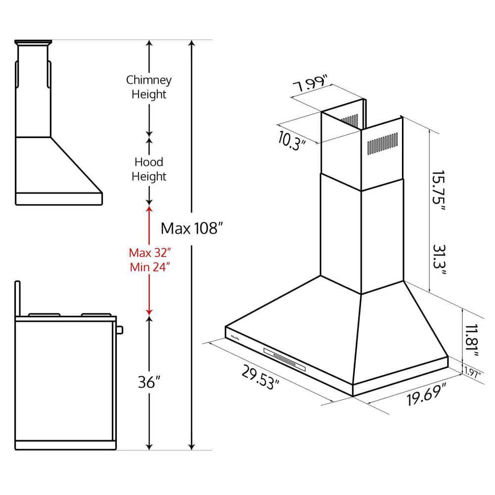 HisoHu 30 in 763 CFM Ducted Wall Mount with Light Range Hood in Stainless Steel