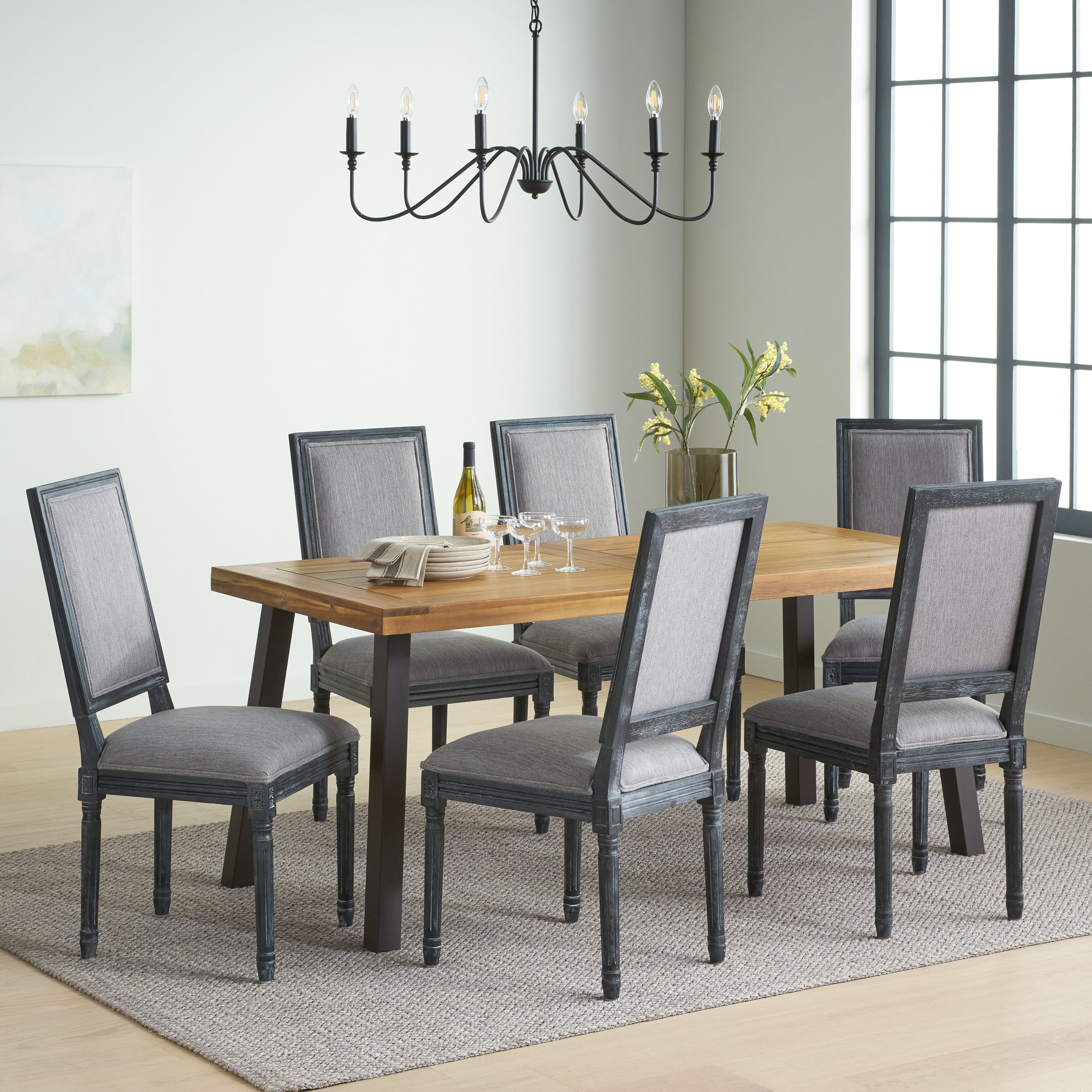 Tengren Farmhouse Fabric Upholstered Wood and Iron 7 Piece Dining Set