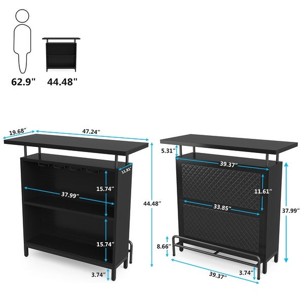 3-Tier Bar Table Liquor Cabinet with Stemware Rack and Metal Footrest