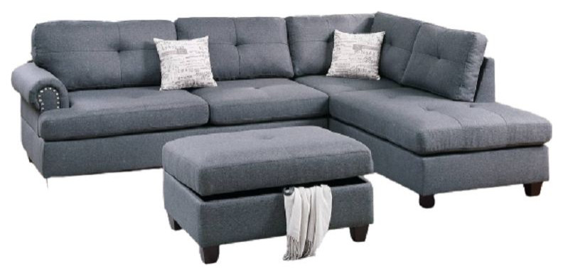 Leiden 3 Piece Linen Like Fabric Reversible Sectional With Ottoman  Blue Gray   Transitional   Sectional Sofas   by Hollywood Decor  Houzz