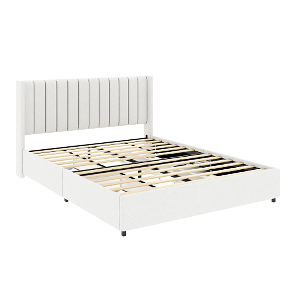 Queen Size Platform Bed with Tufted Headboard and 4 Drawers Ivory