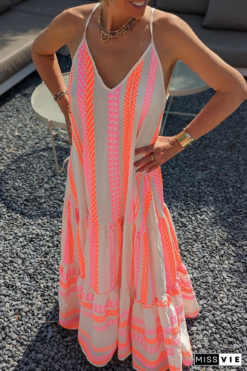 Sexy Vacation Geometric Print Backless V Neck Sling Dress Dresses