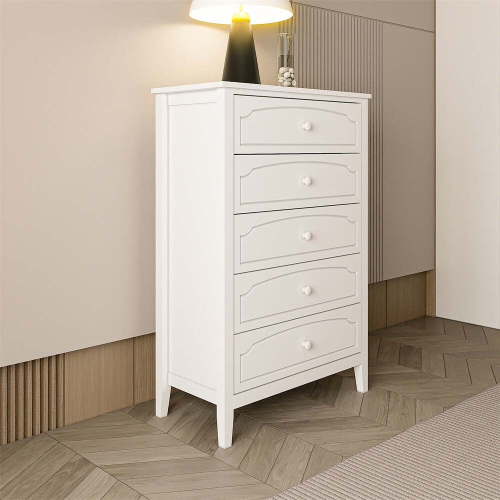 White Contemporary Roman Style Solid Wood 5 Drawers Chest