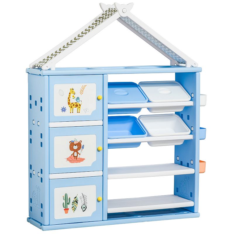 Qaba Kids Toy Storage Organizer with 4 Bins Storage Cabinets Bookshelf and 4 Layers Toy Collection Shelves Orange