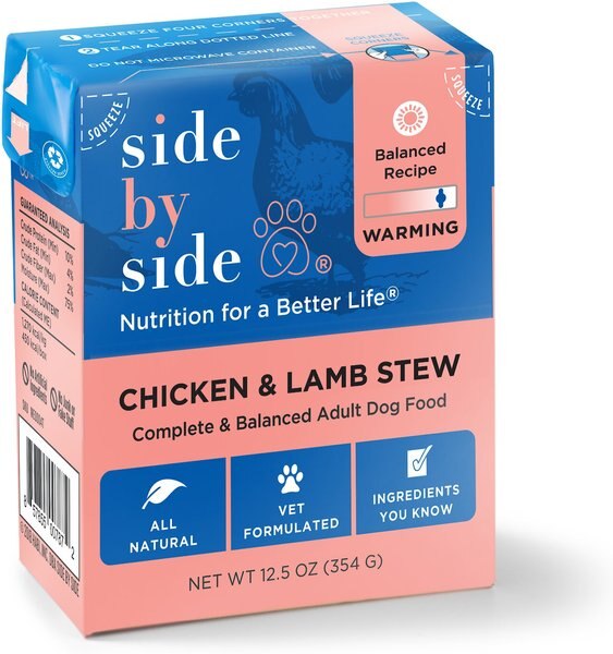 Side By Side Warming Complete and Balanced Chicken and Lamb Stew Wet Dog Food， 12.5-oz box