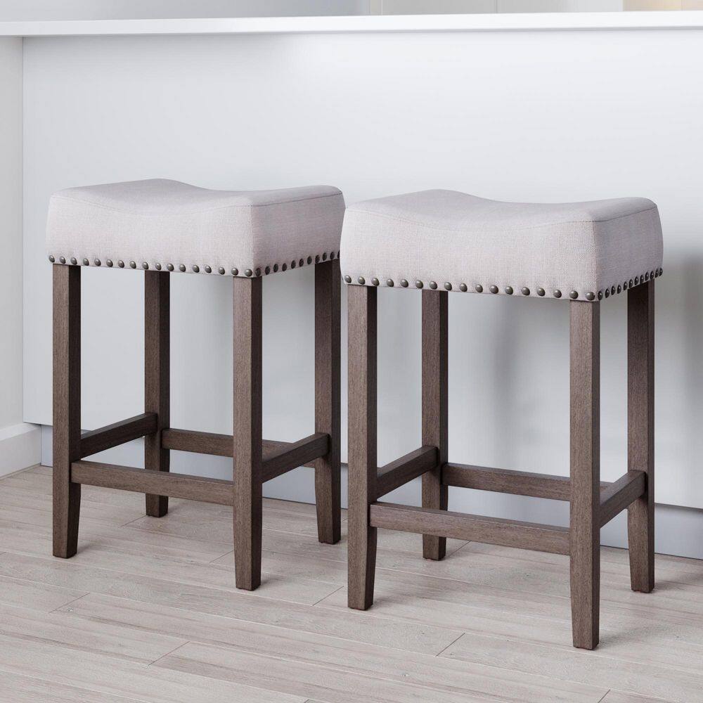 Nathan James 24 in. Dark Brown Finish Hylie Nailhead Wood Pub-Height Counter Bar Stool Gray Fabric Cushion (Set Of 2) 21302-2