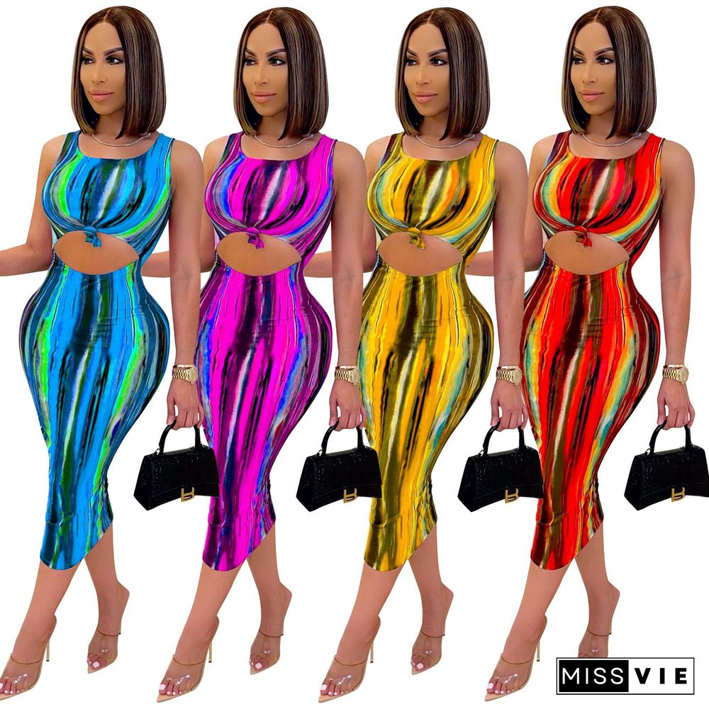 Elegant Women Skinny Tie Dye Print Sleeveless Hollow Out Streetwear Bodycon Long Party Dresses