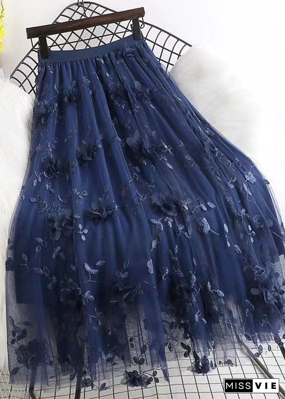 French Navy Wrinkled Embroideried Floral Decorated Tulle Skirts Spring