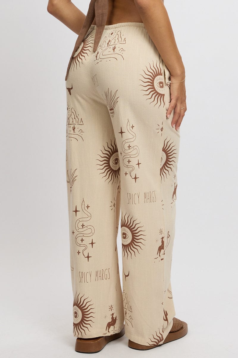 Beige Abstract Wide Leg Pants High Rise