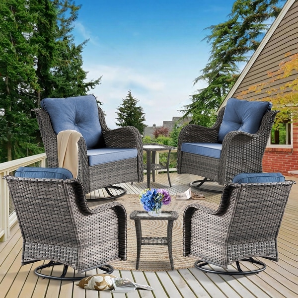 Rattan Wicker Patio Furniture Conversation Seating with 360° High Back Swivel Chairs+Storage Ottomans，Bule Cushions Included🎁