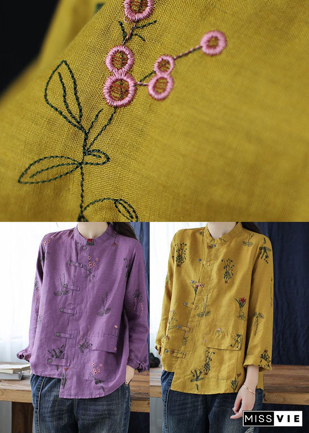 Simple Yellow Embroideried Linen Shirt Long Sleeve