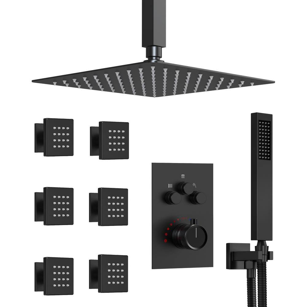 GRANDJOY Multiple Press 7-Spray Ceiling Mount 12 in. Fixed and Handheld Shower Head 2.5 GPM in Matte Black GJSFS1006-BK12