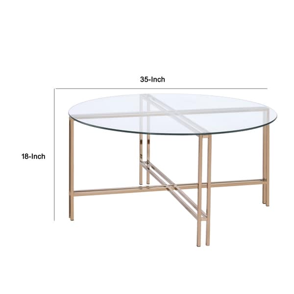 Coffee Table with X Shaped Metal Base and Round Glass Top， Gold