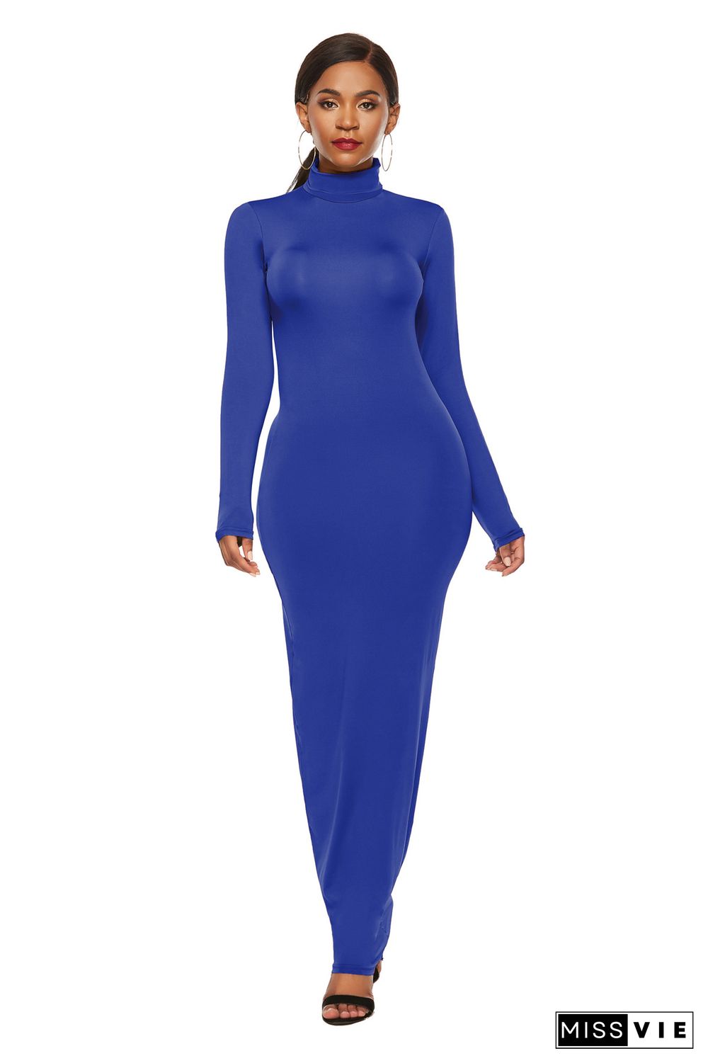 Fashion Solid Color Dress Women Long Sleeve Stretch Slim High Neck Dress Vestido Feminino