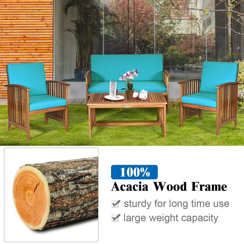 4 Pcs Outdoor Acacia Wood Sofa Set Patio Conversation Furniture Set with Cushions & Coffee Table