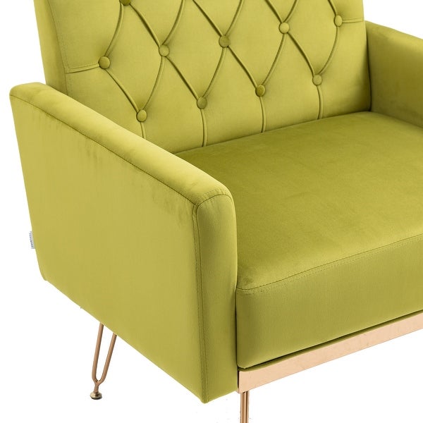 European Style Accent Chair， Velvet Upholstered Leisure Single Sofa with Rose Gold Feet for Living Room， Olive Green